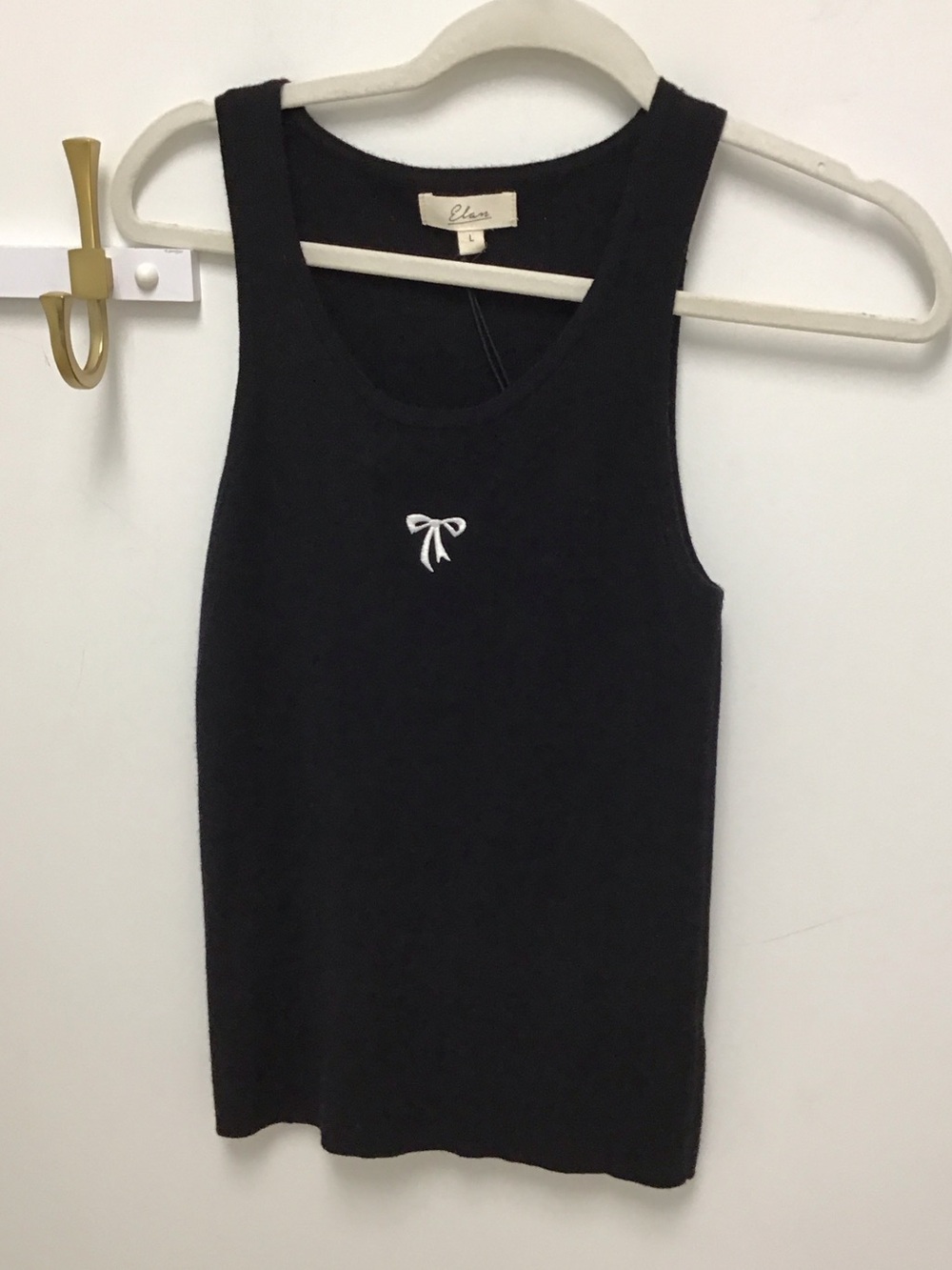 Elan Black Knit Tank with White Bow Accent